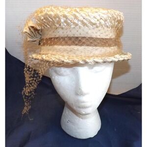 Vtg 1950s/60s Champagne Straw Pillbox Hat with Birdcage Veil & Bow